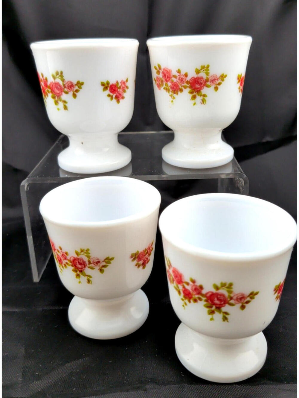 4 VTG Arcopal Bagatelle White Milk Glass Floral Egg Cups France Pedestal 2.25"